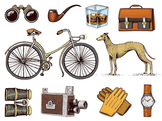 gentleman accessories hand drawn set victorian era binoculars and camera bike or bicycle briefcase