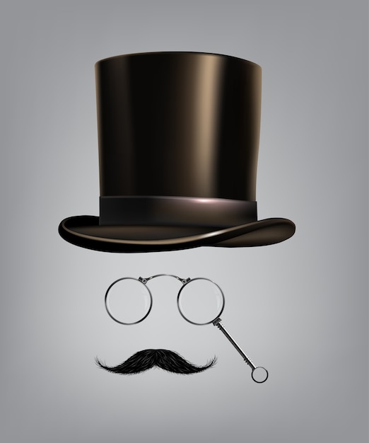 Gentleman accessories hat cylinder, lorgnette and moustache.