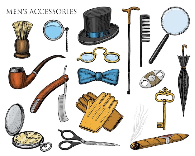 Gentleman accessories hipster or businessman victorian era engraved hand drawn vintage brogues briefcase mustache shirt and cigar cylinder hat smoking pipe straight razor monocle pincenez