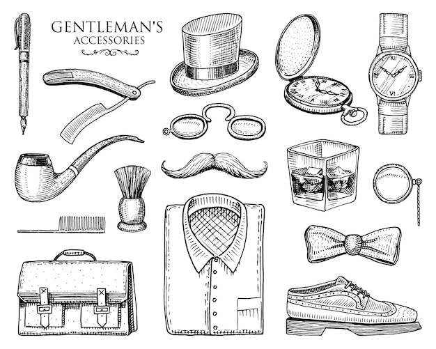 Gentleman accessories hipster or businessman victorian era engraved hand drawn vintage brogues mustache shirt and cigar cylinder hat smoking pipe straight razor monocle pincenez