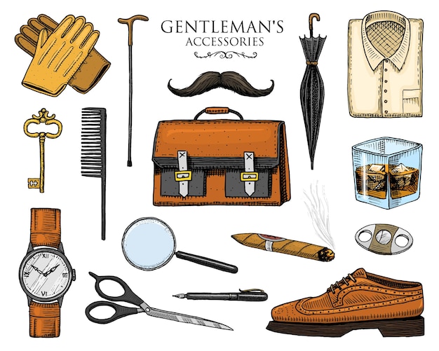 Vector gentleman accessories set hipster or businessman victorian era engraved hand drawn vintage brogues briefcase shirt and cigar cylinder hat smoking pipe straight razor monocle pincenez