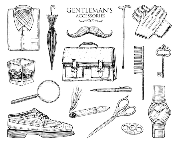 Accessori per gentiluomini set hipster o uomo d'affari epoca vittoriana incisi disegnati a mano vintage brogues valigetta camicia e sigaro cilindro cappello fumo pipa rasoio monocolo pincenez