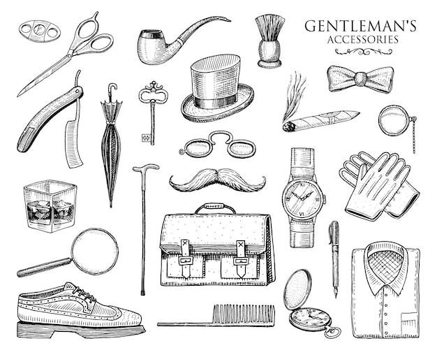 Gentleman accessories set hipster or businessman victorian era engraved hand drawn vintage brogues briefcase shirt and cigar cylinder hat smoking pipe straight razor monocle pincenez