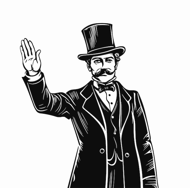 Vector gentleman in bowler hat and coat raises his right hand in warning vintage engraving vector