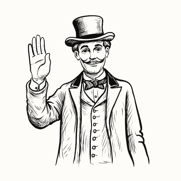 Vector gentleman in bowler hat and coat raises his right hand in warning vintage engraving vector