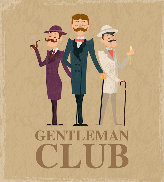 Vector gentleman club standing classical characters in jackets coats and hats vector poster template illustration of gentleman people wearing and standing