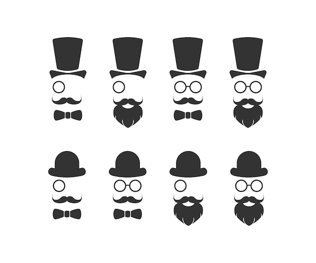 Gentleman icon set Hat top hat glasses eyepiece mustache beard butterfly illustration symbol Sign mister vector