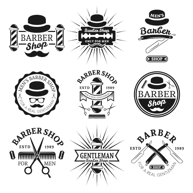 Gentleman kapper set vector vintage zwart-wit etiketten, insignes, emblemen geïsoleerd op wit