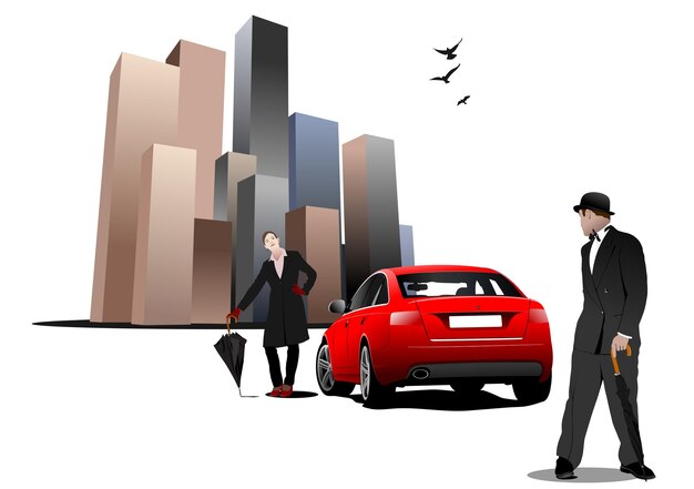 Gentleman and lady with umbrella on city background