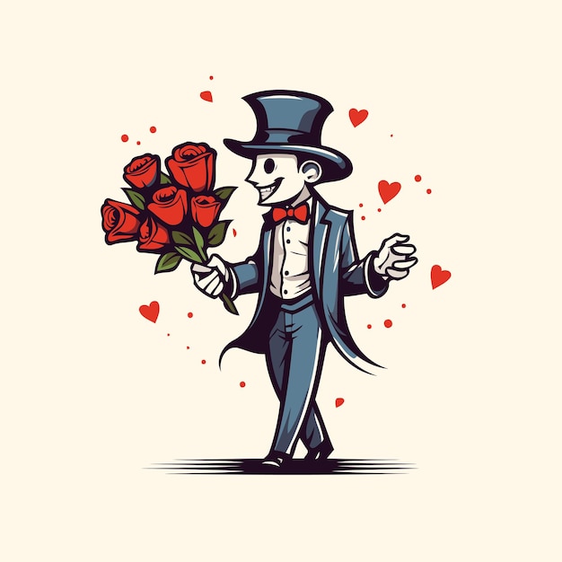 Gentleman met een boeket rode rozen Vector illustratie