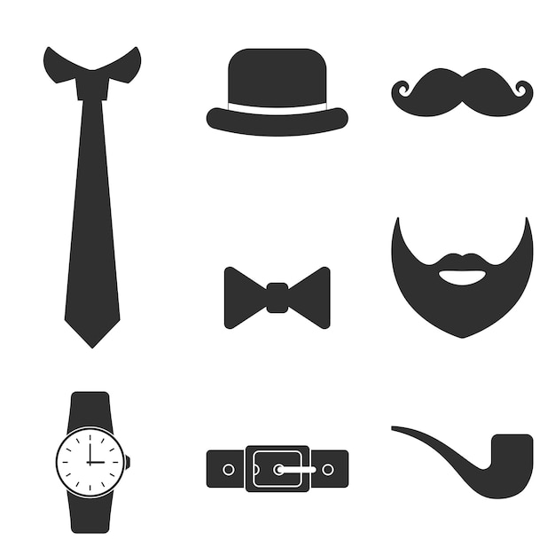 Gentleman's vintage accessories icons set men collection signs isolated on white background