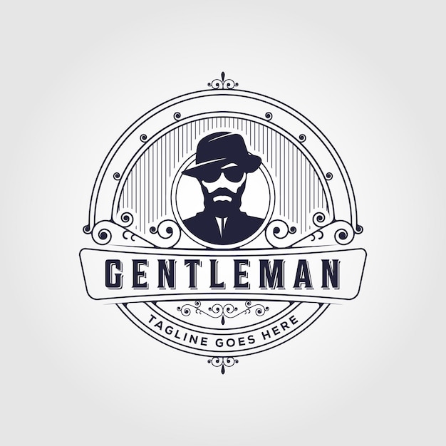 Gentiluomo in un logo design modello di cappello a cilindro distintivo vintage illustrazione vettoriale