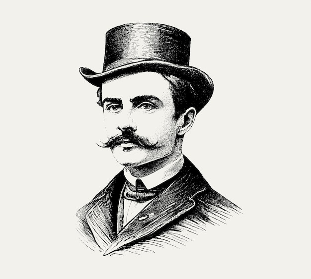 帽子をかぶった口ひげを生やした紳士が白い背景に鉛筆で描かれています。彫刻された図面