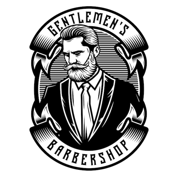 Vector gentlemen barbershop badge emblem with ribbons