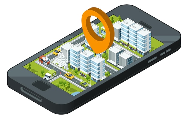 Geo location map app on smartphone screen isometric illustration isolated on white background