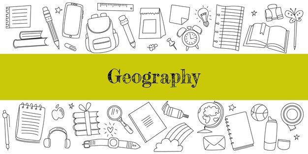 文房具に囲まれた地理と教育のテーマ。編集可能なストロークを持つベクトル