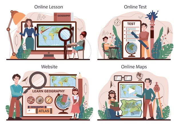 지리학 수업 온라인 서비스 또는 플랫폼 집합입니다. 토지를 배우는 학생들