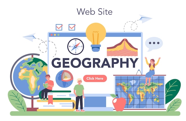 地理学クラスのオンラインサービスまたはプラットフォーム。地球の土地、特徴、住民を研究します。ウェブサイト。孤立したベクトル図