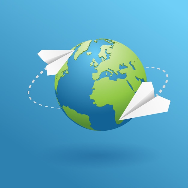 Geography globe. Realistic 3d Earth planet. World map traveling illustration. Mail letter tracking.