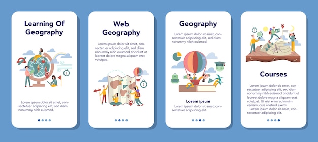 地理モバイルアプリケーションバナーセット。地球の土地、特徴、住民を研究するグローバルサイエンス。地理学習の要約。マッピングと環境調査。