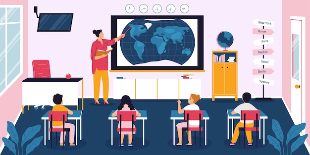 Vector geography school lesson classroom interior with students listening to female teacher showing them world map flat vector illustration