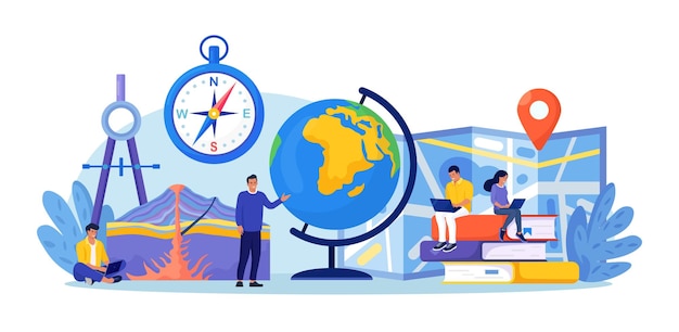 Geography school subject People research cross section of volcano Students studying atlas lands features inhabitants of the Earth Cartography and navigation geology environment research