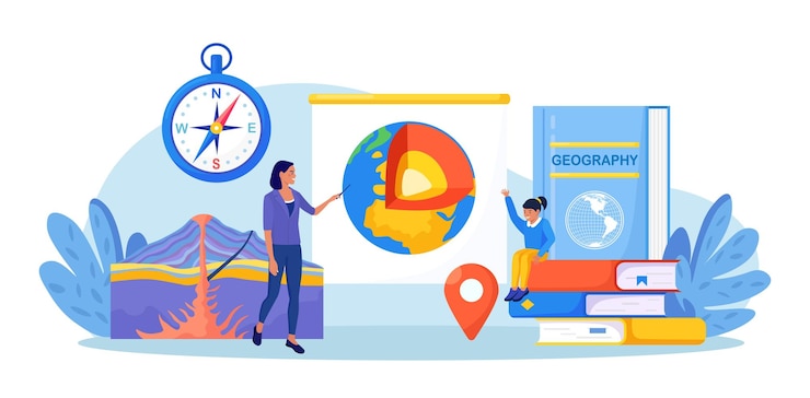 Vector geography school subject pupil studying geology in classroom teacher pointing at chalkboard teaching kids student learn earth mantle biosphere geosphere lithosphere asthenosphere earth inside