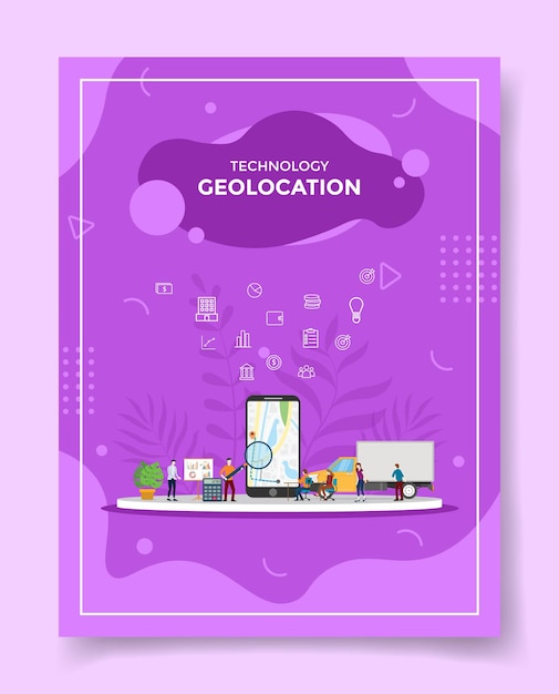 Geolocation people around smartphone map in display for template of flyer