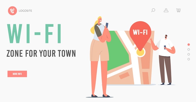 Geolocation positioning, navigation landing page template. tiny male and female character with smartphones at huge map with wifi pin finding correct way in big city. cartoon people vector illustration