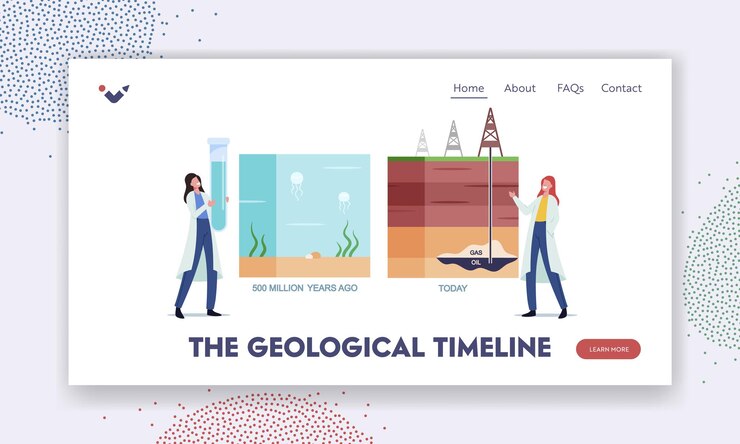 Vector geological timeline landing page template. scientist female characters presenting oil or gas natural formation infographic from million years ago to today time line. cartoon people vector illustration