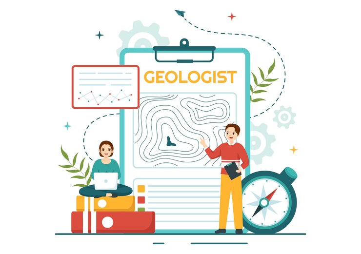 Vector geologist illustration with soil analysis and features of earth for science research or expedition