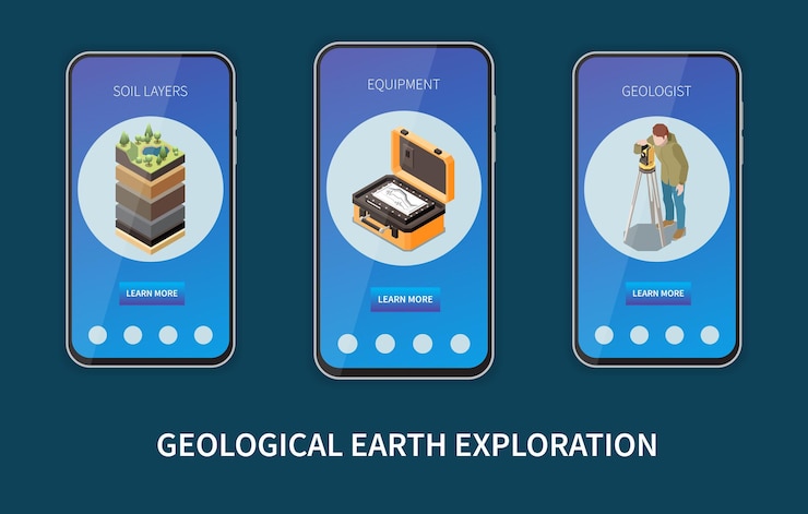 Vector geology earth exploration isometric colored banner set