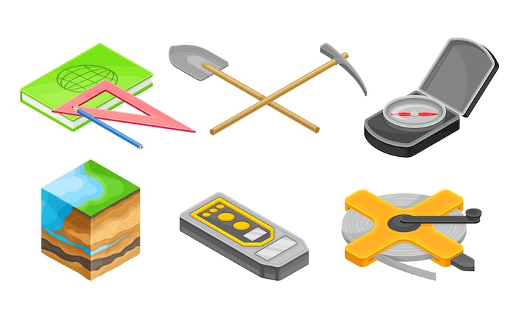 Vector geology measurement instruments with soil cross section and prospecting hammer vector set