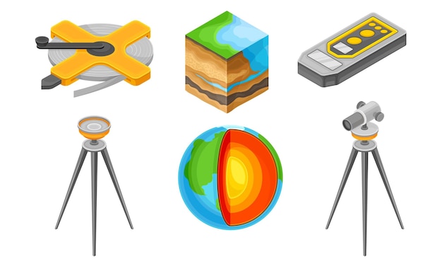 Strumenti di misurazione geologica con sezione trasversale del suolo e set vettoriale di dispositivo a tre piedi