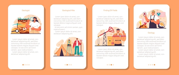 Набор баннеров мобильного приложения геологии. ученые изучают структуру, эволюцию и динамику земли, природные минеральные и энергетические ресурсы. камни, добыча газа и нефти. плоские векторные иллюстрации
