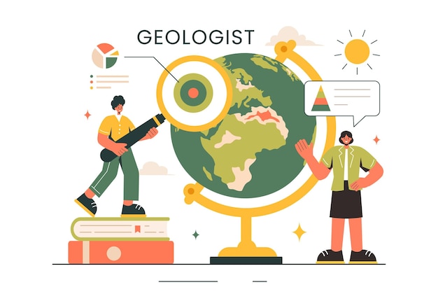 Geoloog Vector illustratie met bodemanalyse en kenmerken van de aarde voor wetenschappelijk onderzoek of expeditie in platte cartoon handgetekende achtergrond