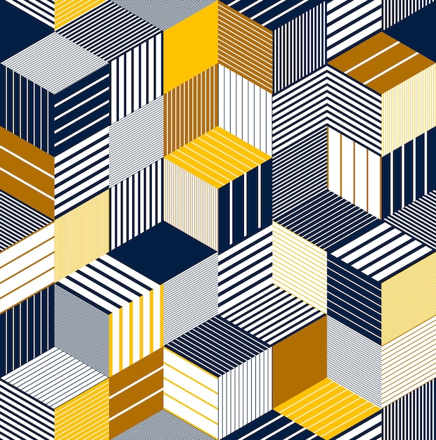 Geometric 3d seamless pattern with lined cubes, stripy boxes blocks vector background, architecture and construction, wallpaper design.