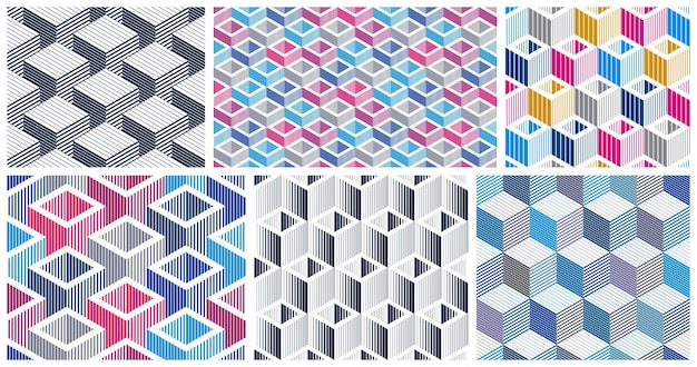 Geometric 3D seamless patterns with lined cubes, stripy boxes blocks vector backgrounds set, architecture and construction, wallpaper designs.