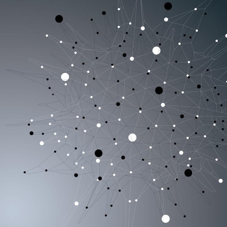 Vector geometric abstract 3d complicated lattice object over dark background, single color asymmetric element with wireframe structure and connected black and white lines.