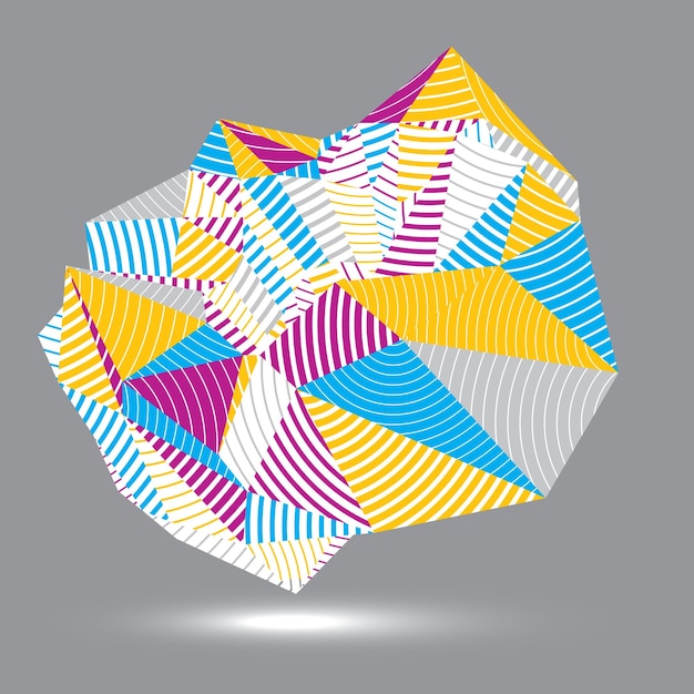 Geometric abstract 3D complicated striped vector object, colorful asymmetric three-dimensional element isolated.