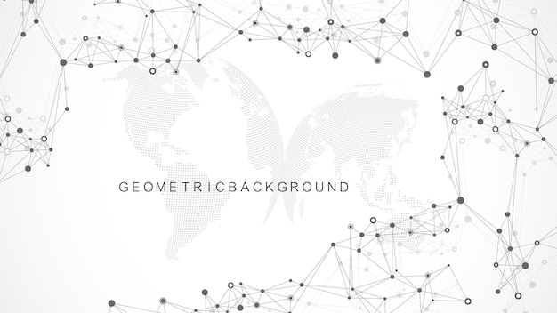 接続された線と点を持つ幾何学的な抽象的な背景。プレゼンテーションのネットワークと接続の背景。グラフィック多角形の背景。波の流れ。科学的なベクトルイラスト。