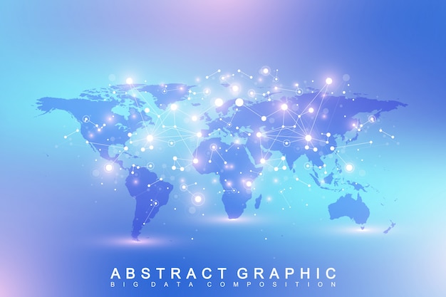 Sfondo astratto geometrico con linea e punti collegati. sfondo di rete e connessione. fondo poligonale grafico con la mappa del mondo. illustrazione scientifica.