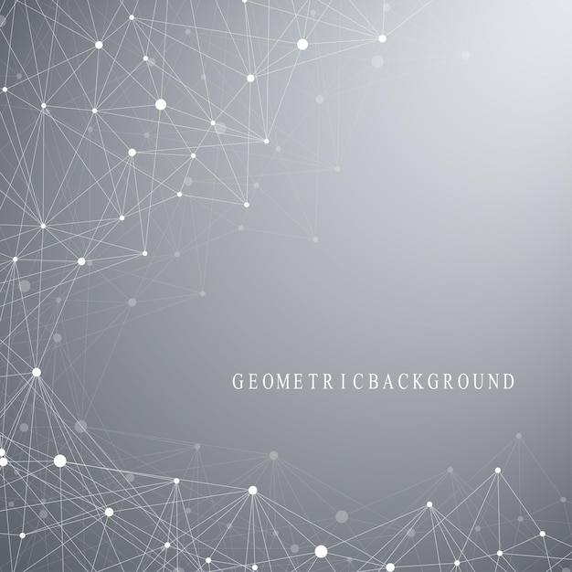 Geometric abstract background with connected line and dots. Network and connection background for your presentation. Graphic polygonal background. Scientific vector illustration.