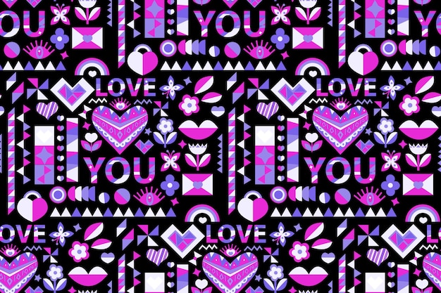 Geometric abstract Bauhaus love seamless pattern. Valentine s day endless texture, retro background. Vector illustration.