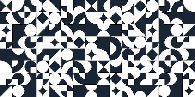 Geometric abstract seamless pattern with black and white simple elements of geometry, wallpaper background in retro 70s style, bauhaus constructive style tiles.