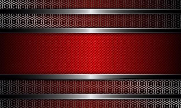 Vector geometric background with metal grille and rectangular red corrugated frame with shiny border.