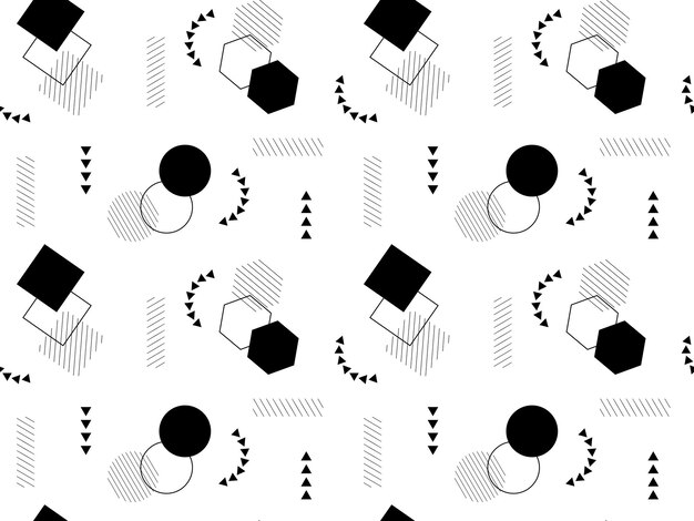 Vector geometric black seamless pattern on white background seamless background with geometry shapes memphis style vector illustration