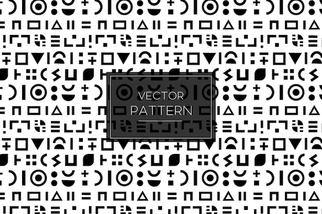 Geometric black shapes tribal style seamless repeat pattern on a white background