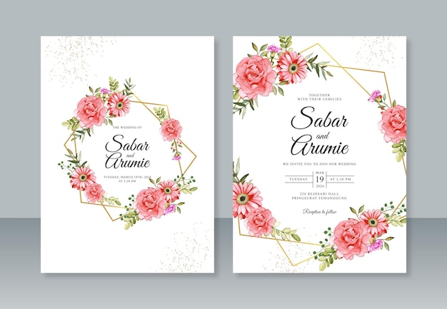 Geometric border and flower watercolor painting for wedding invitation template