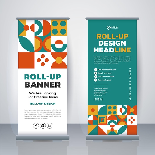 Геометрический бизнес Roll Up Standee Design Шаблон баннера Презентация и брошюра Геометрическая реклама xbanner и flagbanner Векторная иллюстрация